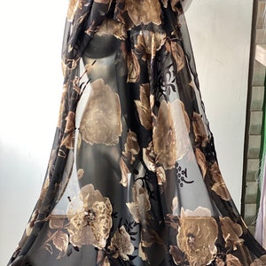 Silk Devore burnout fabric beige brown roses on black floral silk summer dress fabric