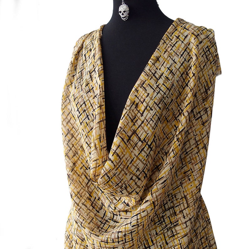 silk chiffon fabric abstract print brown beige yellow gold semi opaque multi color kaftan kimono evening 140cm wide Italy