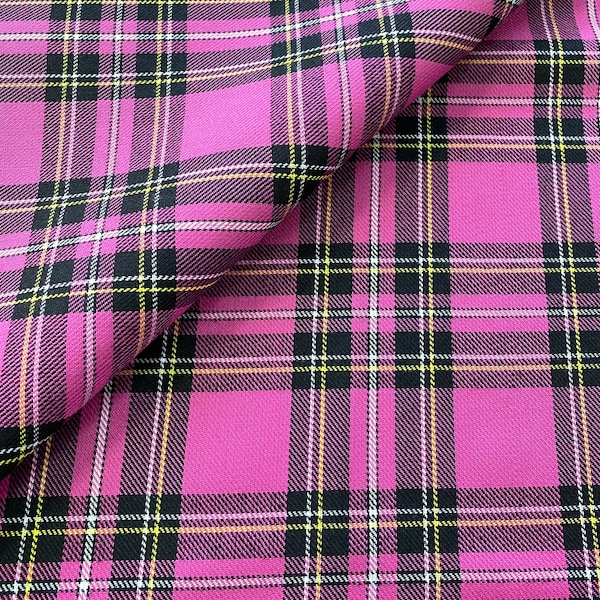 Pink tartan fabric, poly viscose tartan, check design tartan fabric kilt plaid skirt sewing dressmaking 150cm 60"