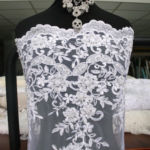 Tela de encaje nupcial blanco, tul bordado floral, perlas, ribete festoneado, velo para vestido de novia, velo de 120cm de ancho