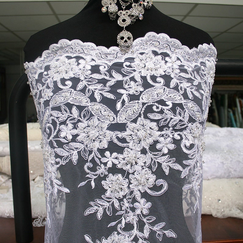 encaje de novia blanco tela tul bordado de flores perlas borde | etsy