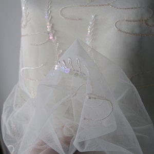 plush pink off white embroidered tulle bridal veiling metallic thread iridescent sequins scallop edge Marco Lagattolla