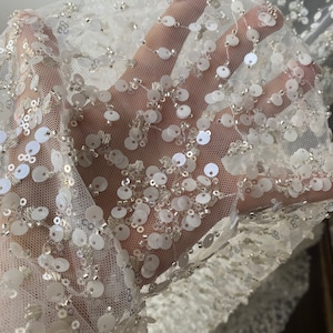 Fully beaded bridal lace fabric, tulle base with beads and sequins, wedding dress fabric, beaded lace fabric for bridal