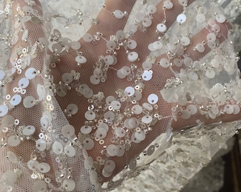 Fully beaded bridal lace fabric, tulle base with beads and sequins, wedding dress fabric, beaded lace fabric for bridal