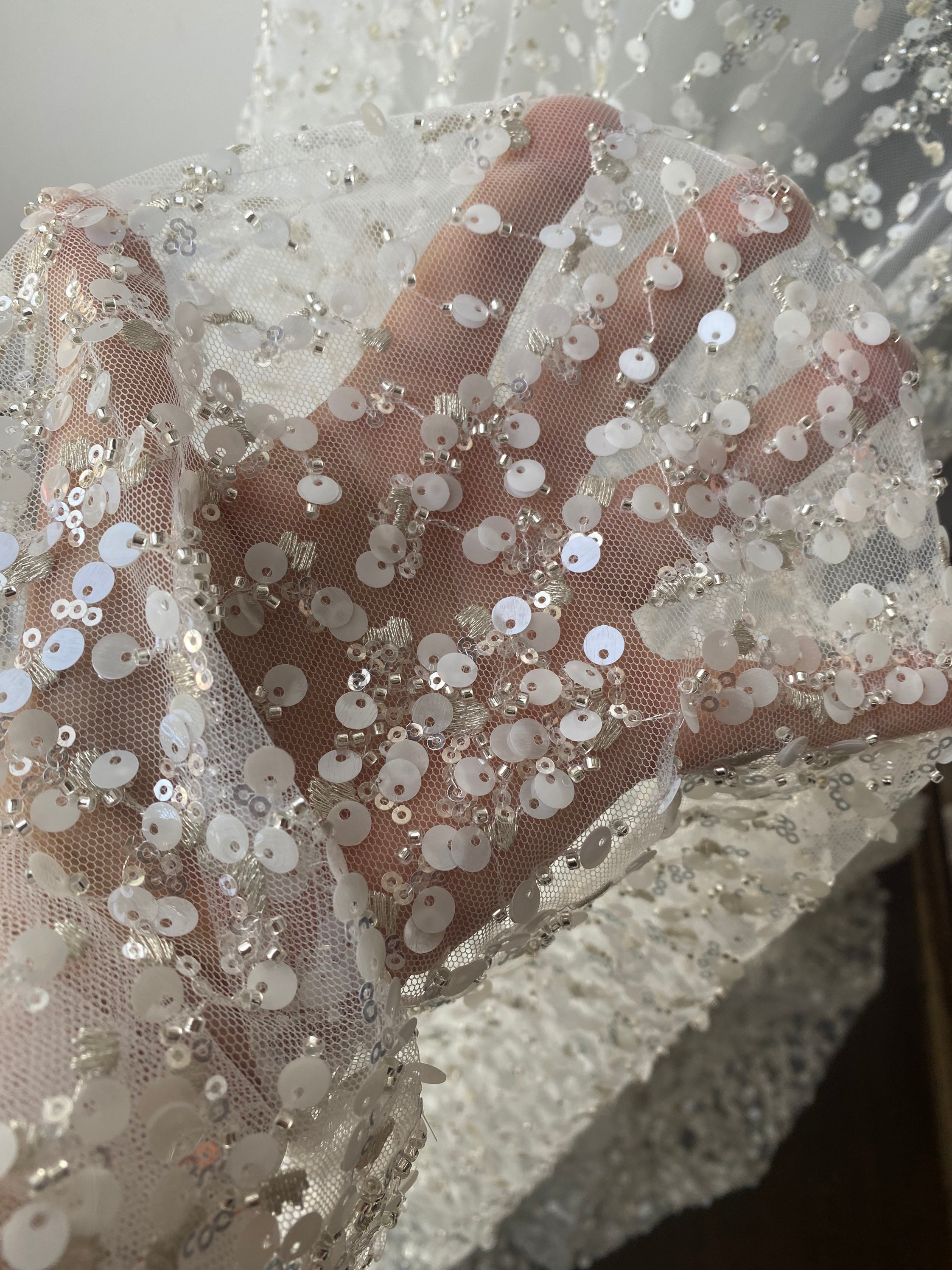 Fully Beaded Bridal Lace Fabric Tulle Base With Beads and Sequins
