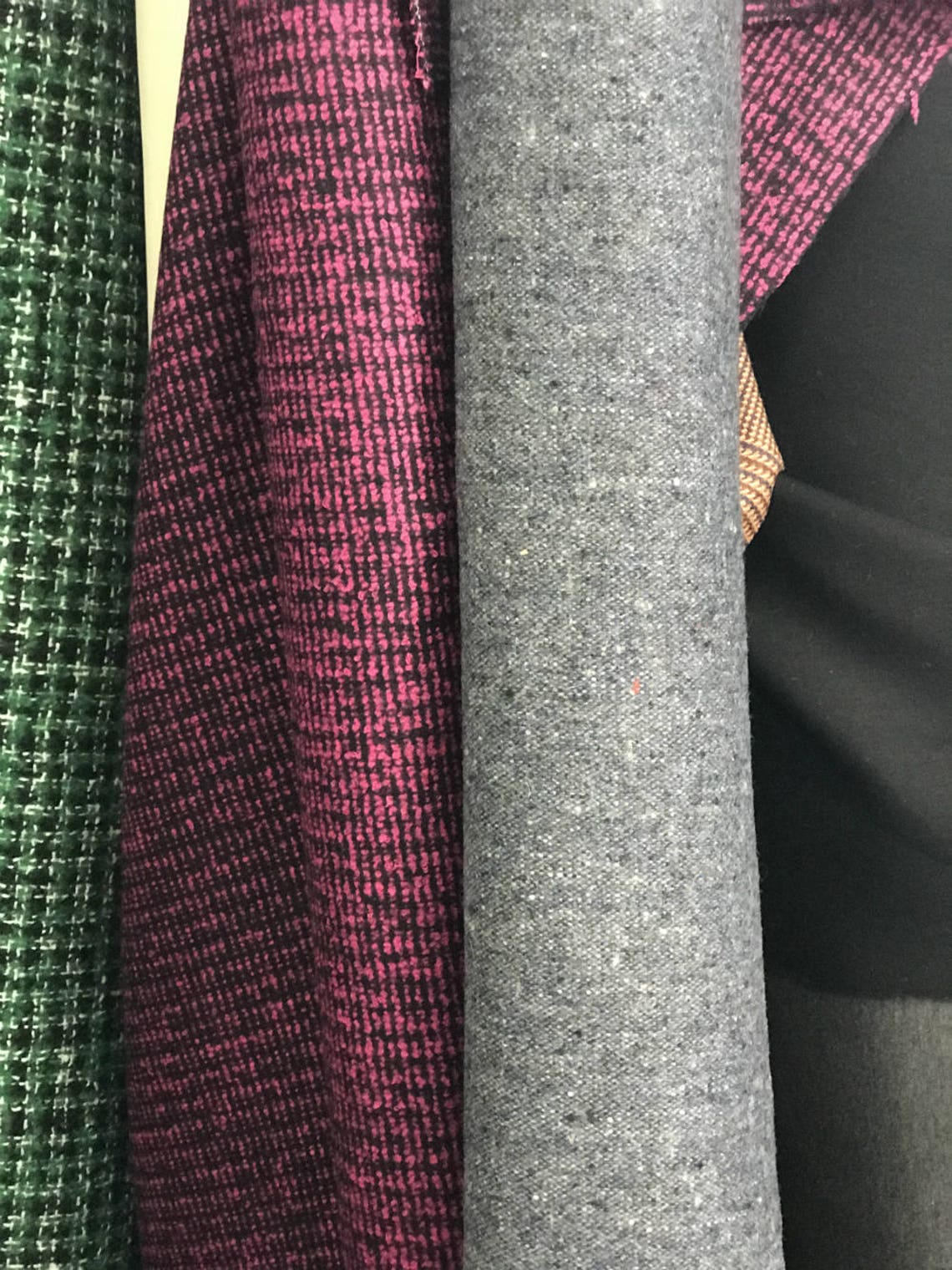 Pink on Black Boucle Tweed Fancy Wool Winter Fabric, Fuchsia on Black ...