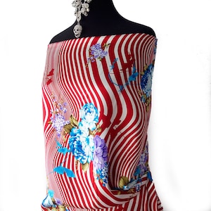 silk satin fabric abstract floral multi color red white striped suitable for dress kaftan Kimono skirt blouse sewing 120cm
