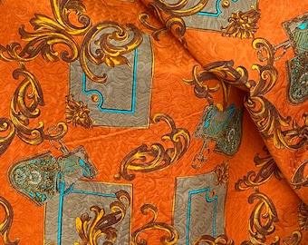 Orange Cotton jacquard fabric, orange  cotton pique fabric in Baroque design suitable for upholstery throw pillows  summer suit