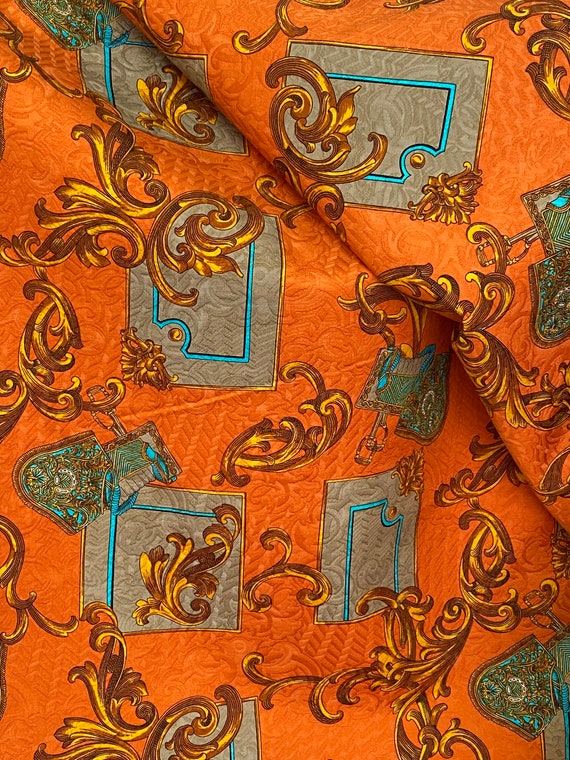 Orange Cotton jacquard fabric, orange  cotton pique fabric in Baroque design suitable for upholstery throw pillows  summer suit