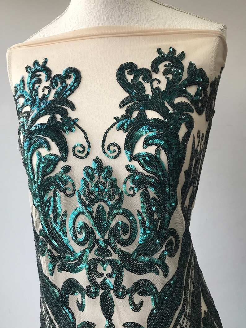 green metallic sequins on nude tulle bridal stunning Green lace in Baroque design