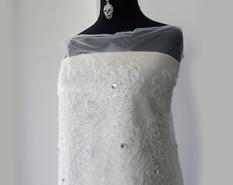 white Bridal lace fabric tulle lace fabric embroidery floral 3d flowers sequins paillettes stones wedding dress 130cm 51"