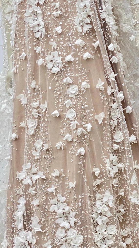 Off white ivory bridal beaded lace fabric with 3D flowers, ivory 3D flowers wedding lace 140cm wide