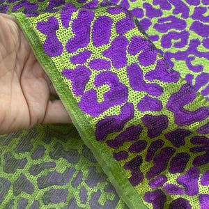 Purple on green animal print sequins fabric leopard cheetah exotic cat womans special occasion evening wear statement dress to impress gown