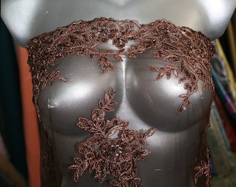brown bronze orange russet lace fabric tulle embroider floral beaded scallop decorative edging formal ball gown red carpet dress cocktail