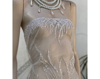 Off White Beaded Bridal Lace Fabric, Wedding Dress Lace, Luxury Bridal Fabric by the Yard Meter