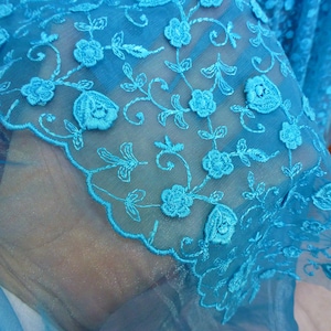 teal blue lace fabric 3d flowers, embroidery tulle scalloped edging prom dress sewing dressmaking bridal ball gown **free shipping**