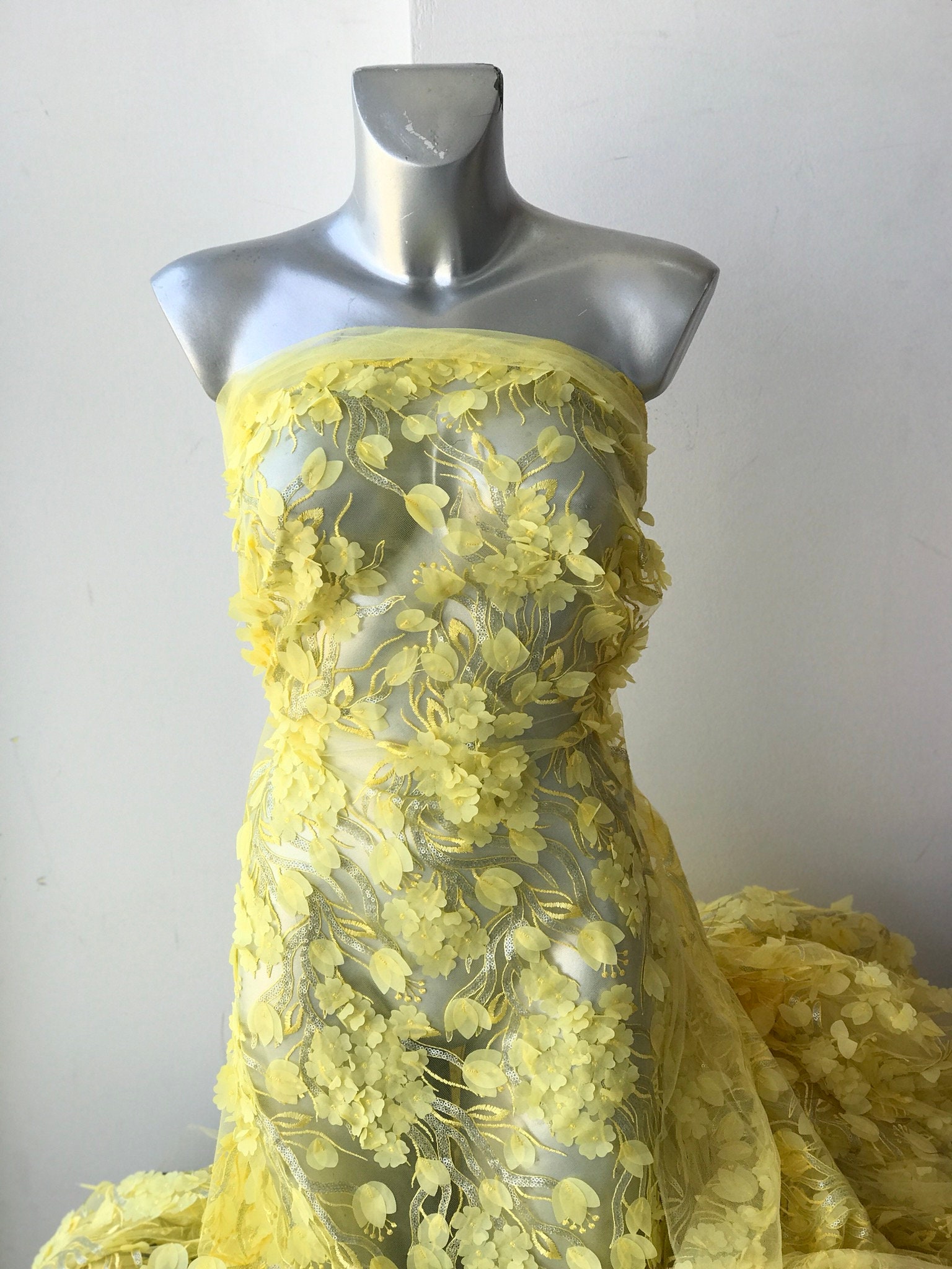 Yellow lace fabric embroidery 3D laser cut flowers sequins Etsy