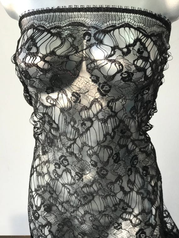 Black lace fabric, French Lace, Solstiss bridal Gothic wedding scallop edge with eyelash cocktail dress Burlesque, 95cm wide