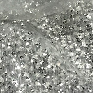 Silver glitter tulle fabric, light grey tulle metallic silver glitter, glitter clusters, bridal tulle, silver wedding dress tulle