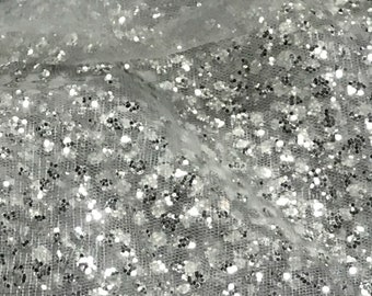 Silver glitter tulle fabric, light grey tulle metallic silver glitter, glitter clusters, bridal tulle, silver wedding dress tulle