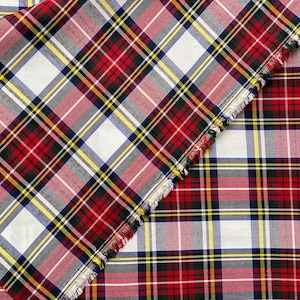White Red Black tartan fabric, poly viscose tartan, tartan gabardine kilt plaid skirt sewing dressmaking 150cm 60"