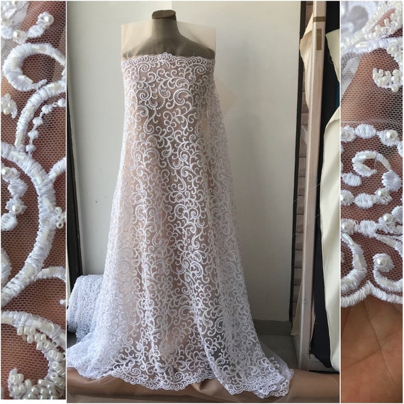 White Bridal Lace Fabric Embroidered With Beads and Pearls, Heavy Ornate  Border Wedding Dress Lace - Etsy