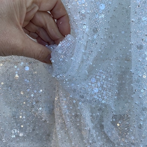 Glitter tulle beaded lace fabric for wedding dress, warm white iridescent glitter tulle embroidery pearls sequins beaded