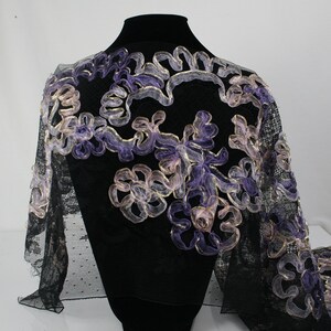 Fancy Border embroidery French lace purple mauve lilac gold ribbon on black lace handmade in France