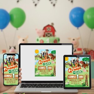 May include: A birthday party theme featuring a laptop, smartphone, and tablet displaying a colorful invitation with the text "La Granja de Isaac." The invitation includes illustrations of farm animals and a windmill. Balloons and a cake with a barn are in the background.