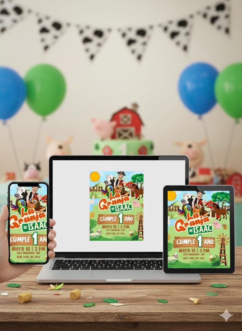 May include: A birthday party theme featuring a laptop, smartphone, and tablet displaying a colorful invitation with the text "La Granja de Isaac." The invitation includes illustrations of farm animals and a windmill. Balloons and a cake with a barn are in the background.