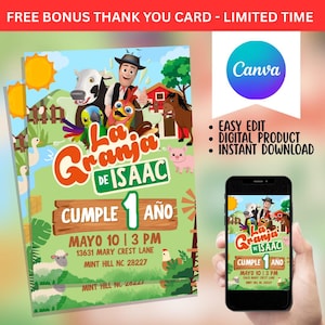 May include: A colorful invitation for a first birthday party with the theme "La Granja de Isaac." The design features cartoon farm animals, a red barn, and the text "Cumple 1 A&ntilde;o." A smartphone displays the invitation. The text reads "Easy Edit, Digital Product, Instant Download."