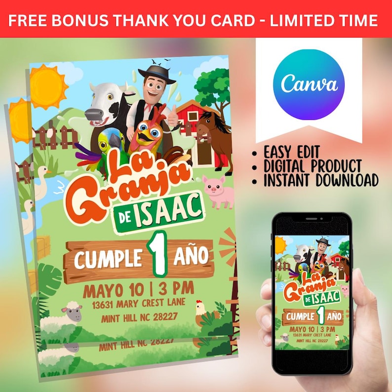 May include: A colorful invitation for a first birthday party with the theme "La Granja de Isaac." The design features cartoon farm animals, a red barn, and the text "Cumple 1 A&ntilde;o." A smartphone displays the invitation. The text reads "Easy Edit, Digital Product, Instant Download."