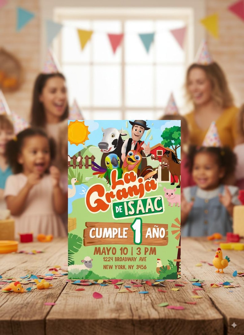May include: A colorful invitation for a farm-themed first birthday party. The design features cartoon farm animals, the text "La Granja de Isaac", and party details. The invitation is on a wooden table with confetti and children in the background.