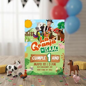 May include: A colorful birthday party invitation with the text "La Granja de Isaac Cumple 1 A&ntilde;o" featuring cartoon farm animals. The invitation includes the date and time, along with the address: 1224 Broadway Ave, New York, NY 3456. Decorative balloons and confetti are also present.