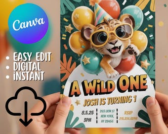 Wild One Safari Birthday Invitation: Jungle Animals (Digital Download)