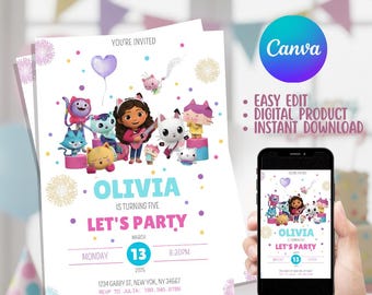 Gabby's Dollhouse Birthday Invitation Personalized Digital Invite  Cattastic Party Printable for Girls
