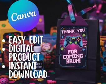 Gamer Birthday Favor Tags: Level Up Video Game Party (Canva Template)