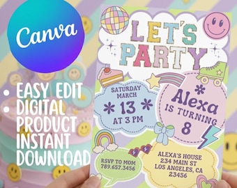 90s Roller Skate Birthday Invitation | Groovy Disco Theme (Instant Download Canva Edit)