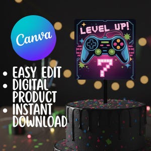 Könnte beinhalten: Ein schwarzer Kuchen mit bunten Konfetti und einem Tortenaufsatz mit einem Videospiel-Controller und dem Schriftzug "Level Up!" und der Zahl 7. Das Canva-Logo und der Text "Easy Edit, Digital Product, Instant Download" sind ebenfalls sichtbar.