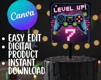 Level Up Cake Topper: Pixelated Gamer Birthday Decoration (Digital Download)