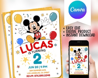 Mickey Mouse Birthday Invitation, Disney Party, Editable Template (Digital Download)