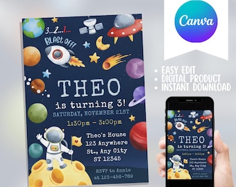 Space Birthday Invitation: Rocket Ship, Planets, Astronaut (Digital Download)
