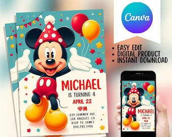 Mickey Mouse Birthday Invitation, Editable Disney Party Invite (Digital Download)