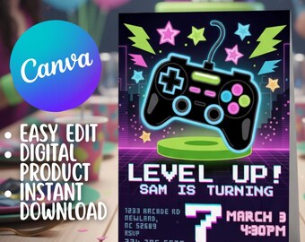 Gamer Birthday Invitation: Neon Video Game Party, Editable Canva Template (Digital)