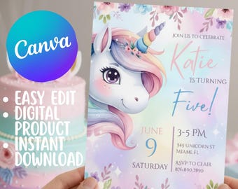 Unicorn Floral Birthday Invitation - Personalized Digital Download - Magical Girls Party Invite with Unique Design