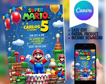Super Mario Birthday Invitation: Editable Mushroom Kingdom Party (Digital Download)