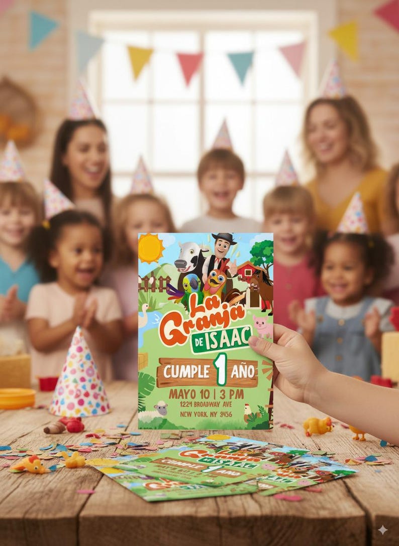May include: A colorful invitation for a child's first birthday party, featuring farm animals and the text "La Granja de Isaac Cumple 1 A&ntilde;o". The invitation is held in front of a group of children and adults wearing party hats.