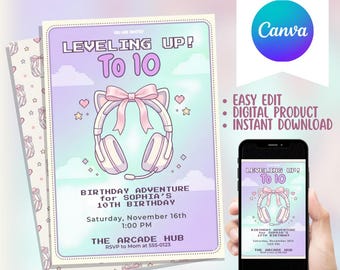 Editable Kawaii Gamer Birthday Invitation, Pastel Cat Headset Invite (Digital Download)