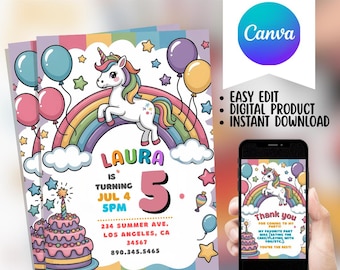 Unicorn Birthday Invitation Template: Magical Rainbow Party (Digital Download, 5x7" Canva Edit