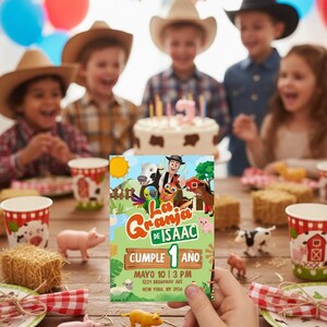 May include: A birthday party scene with children wearing cowboy hats, a cake, and farm-themed decorations. A colorful invitation with the text "La Granja de Isaac" is held in the foreground, with toy farm animals and hay bales on the table.
